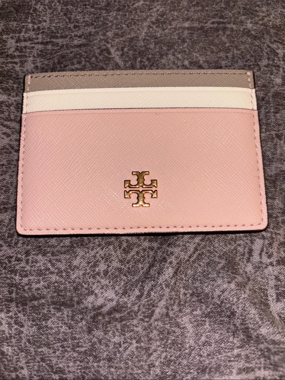 Tory Burch Pink Leather Card Holder with Neutral Trim & Gold Logo
